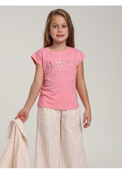 Escabel Kız Çocuk Pamuklu Rahat Kalıp Pullu Düşük Kol Tshirt-15597 Pembe