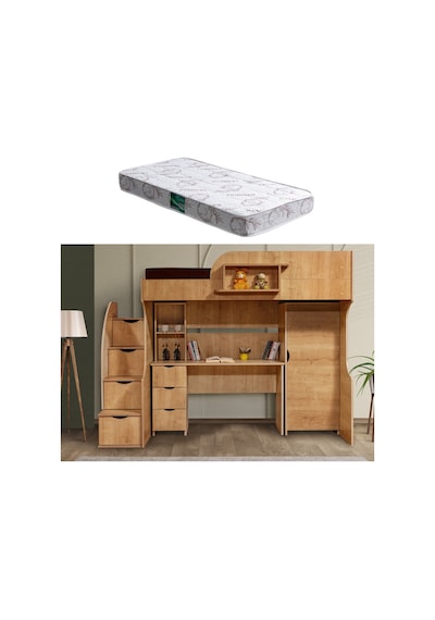 Ranza, Litera Ranza Dolap Çalışma Masası Açık Ceviz + 1 Adet Comfort Yatak 90 x 190 Cm Ranza, Litera Ranza Dolap Çalışma Masası Açık Ceviz + 1 Adet Comfort Yatak 90 x 190 Cm