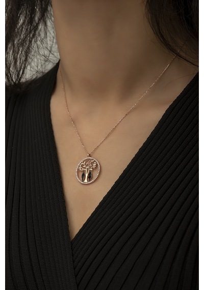 Hayat Ağacı Sevgili Aşk Kolye Rose Gold Kaplama 925 Ayar Gümüş Uvps100506