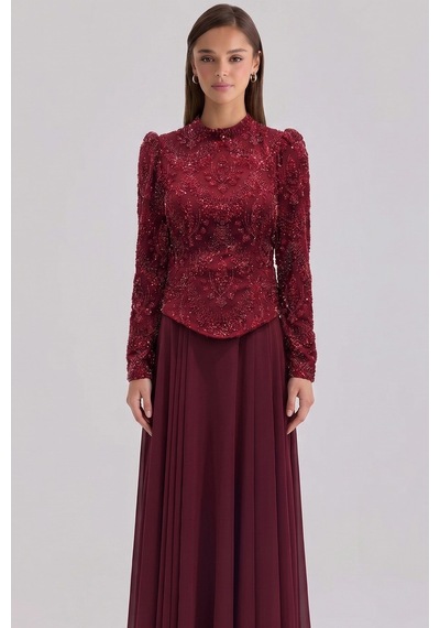 Olcay Boncuk Desenli Şifon Kombinli Exclusive Tesettür Abiye Elbise Bordo 1089