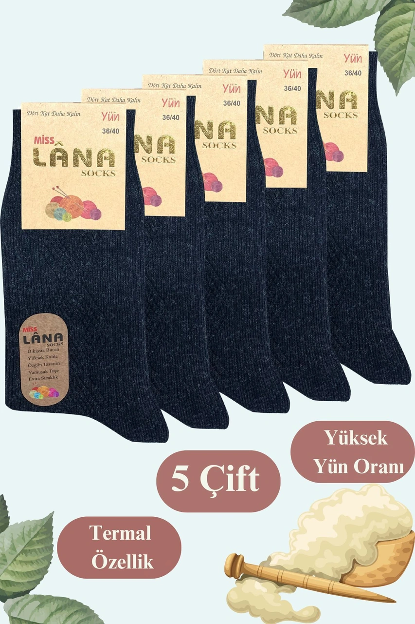Miss Lana Ladies Socks Kışlık 5 Çift Lambswool Kadınlar Için Termal Kutulu Dikişsiz Yün Çorap Siyah