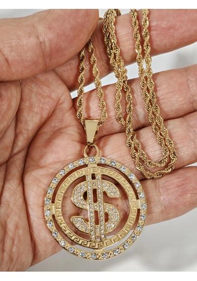 Dolar Figürlü Taşlı Gold Kolye - İddialı Ve Gösterişli Tasarım Beyaz