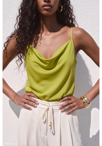Sateen Askılı Degaje Yaka Bluz - Yağ Yeşili-137660