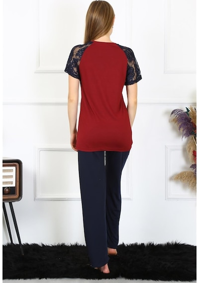 Akbeniz Kadın Kolu Dantelli Penye Pijama Takım 4149 - L Bordo