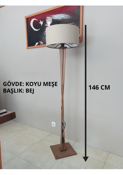 Ahşap Lambader- Köşe Lambası- Bej Başlık- Koyu Meşe