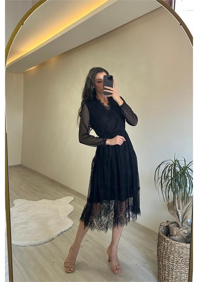 Neşeli Butik Kadın Kruvaze Yaka Dantelli Tül Elbise Nm010 Siyah