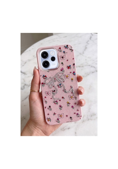 Oppo Reno 15 - 15f Taşlı Desenli Fiyonk Silikon Kılıf Pembe