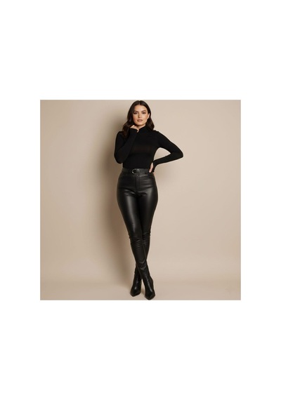 Unika Boutique Uzun Kol Dik Yaka Parmak Geçmeli Body T-shirt Siyah