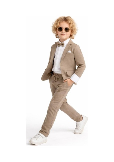 Baby Kids Colors Erkek Çocuk Flamlı Keten Salaş Ceketli Takım Elbise / Gömlek Pantolon Ceket Papyon Keten Takım Kahverengi