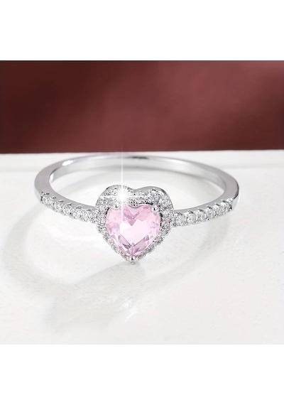 Gümüş Pembe Taşlı Kalpli Yüzük Sevgiliye Eşe Anneye Hediye Wsr126