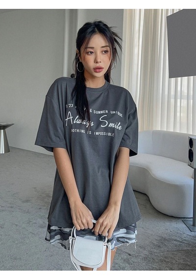Flood Of Style Kadın Füme Always Smile Baskılı Oversize Bisiklet Yaka Tshirt Gri