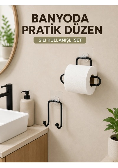 Vidasız Banyo Seti Yapışkanlı Tuvalet Kağıdı Tutucu Ve Havlu Askısı 2 Li Set Siyah
