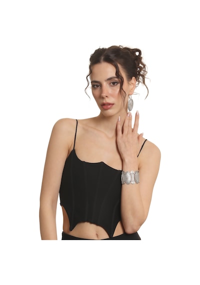 Kadın Antik Gümüş Kaplama Etnik Motifli Oval Formlu Küpe &bileklik Set Gümüş