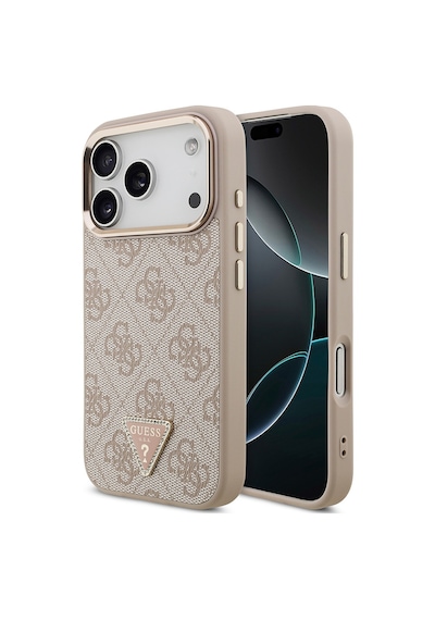 Apple Uyumlu iPhone 17 Pro Kılıf Guess Lisanslı M-safeli Gold Kamera Çerçeveli Taşlı Üçgen Logo 4g Desenli Pembe Pembe