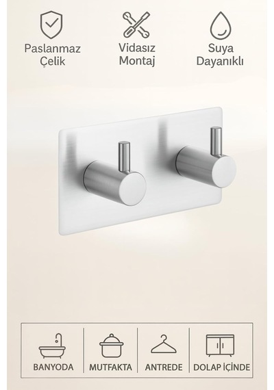 Paslanmaz Çelik Banyo Askısı, 2 Kancalı Kendinden Yapışkanlı Vidasız Duvar Askılığı, Havlu Bornoz Mutfak Askısı, 11 X 5 Cm, Gümüş Diğer