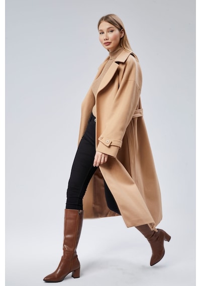 Camel Kuşaklı Uzun Oversize Yünlü Kaşe Kaban A