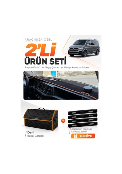 Volkswagen Transporter T7 2021-2024 Uyumlu Torpido Örtüsü + Deri Çanta Seti - Siyah Kahverengi