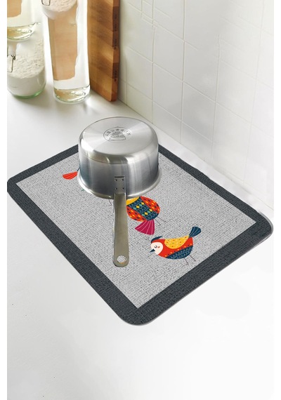 Gri Papağanlı Microfiber Bulaşık Kurutma Kurulama Matı Mm022