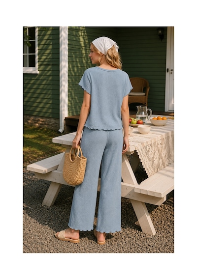 Rindahomewear Bürümcük Kumaş Mavi Düşük Kol Pijama Takım Mavi