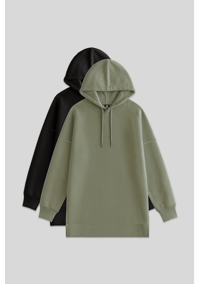 Tommy Life Oversize Kapüşonlu 2li Paket Siyah-çağla Kadın Tunik Sweatshirt - 97242 Siyah - Yeşil