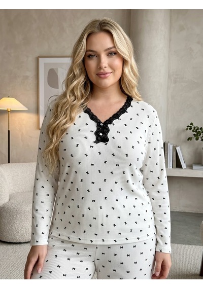 Kadın Büyük Beden Uzun Kollu Desenli Dantel Detaylı Kaşkorse Kumaş Pijama Takımı Beyaz Kurdele
