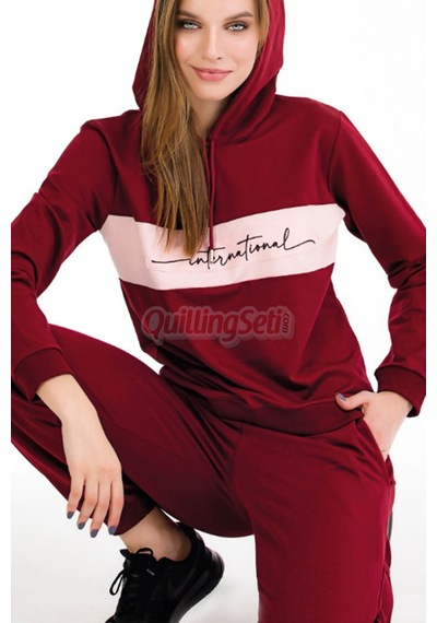 Lady Uzun Kol 22067 Kapüşonlu Ve Kanguru Cepli Bordo Renk Kadın Spor Eşofman Takımı