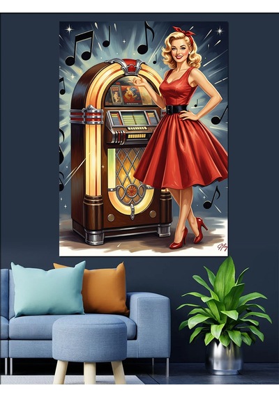 Ahşap Tablo Retro Müzik Kutusu Önünde Kadın İnsan Figürlü Tablolar