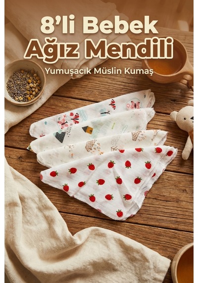 Modern Desenli Müslin Bebek Ağız Mendili Günlük Kullanım İçin Yumuşak Dokulu 25 x 25 CM 8'li Set