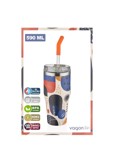 Vagonlife Tumbler Özel Desenli Cup 590 Ml Vakumlu Paslanmaz Çelik Termos Pipetli/rahat İçim -ffvgn1001-590ml Lacivert