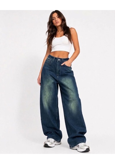 St.poll Eskitme Vintage Yeşil Yıkama Unisex Baggy Jeans Pantolon Yeşil Yıkamalı