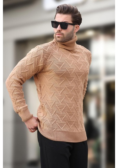 Madmext Camel Balıkçı Yaka Desenli Erkek Kazak E7292 Camel
