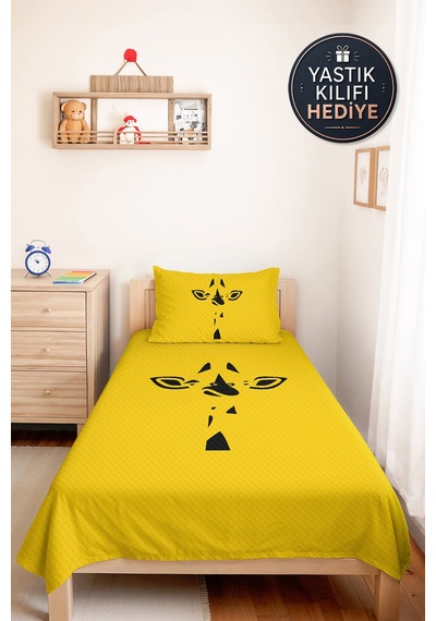 Sarı Zürafa Minimal Genç Odası Tek Kişilik Pike Takımı - Siyah 160x220 Cm Kapitone Yatak Örtüsü Ilık Ufuk Kabuğu