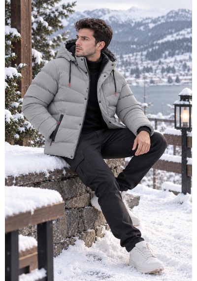 Luxic Core Luxıc Core Erkek Kapüşonlu Şişme Mont İçi Polarlı Kalın Kışlık Su İtici Günlük Mont Gri