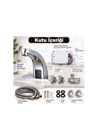 Rena Design Fotoselli Sensörlü Krom Lavabo Bataryasi Temassiz Otomatik Tasarruflu Modern Musluk Kuğu