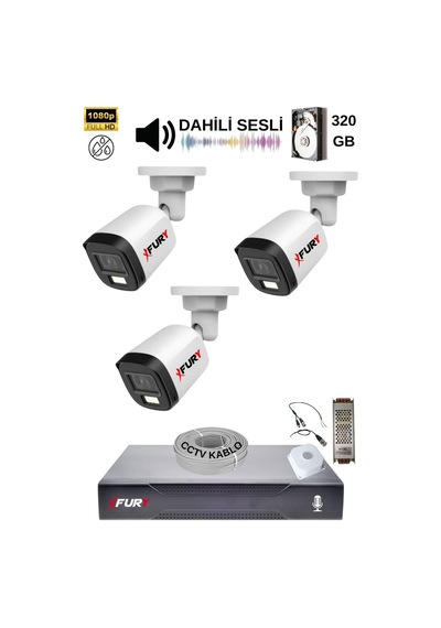Fury 3 Kamera Sesli Gece Renkli Güvenlik Kamerası Full Hd-su Geçirmez Güvenlik Kamerası Seti 320gb