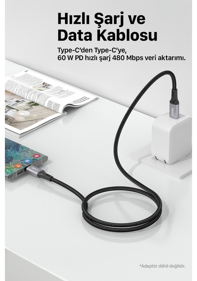 Type C Hızlı Şarj Kablosu Type-c To Type-c, 60w, 480mbps, 1.2m, Pd, Data, Dayanıklı Örgü V0201009
