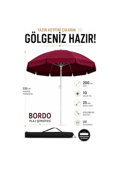 Bordo 200 Cm Çap/10 Telli Plaj Şemsiyesi + Şemsiye Kılıfı, Bidonsuz