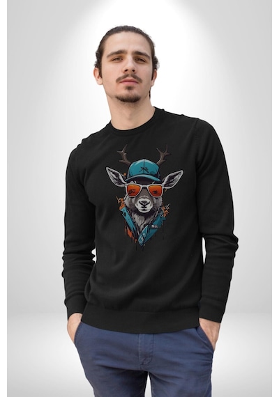 Güneş Gözlüğü Savaşcı Geyik Unisex Siyah Baskılı Sweatshirt Siyah