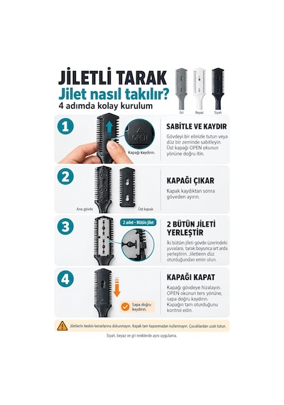 Su03 Siyah Saç Kesim Usturası -jiletli Tarak +10 Adet Jilet Beyaz