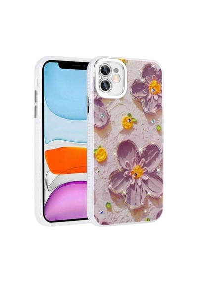 Apple Uyumlu iPhone 11 Kılıf Çiçek Desenli Parlak Taşlı Sert Silikon Zore Garden Kapak Mor