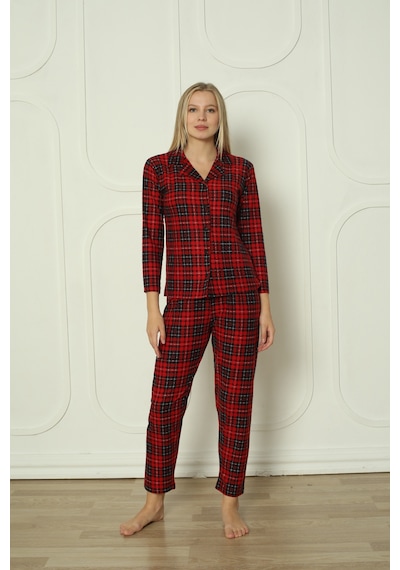 Wordex Fawn 3702 Boydan Düğmeli Soft Süet Kışlık Kareli Kadın Pijama Takımı Kırmızı