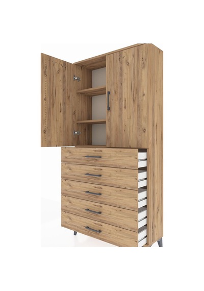 Arges Dolap 3 Raflı 5 Çekmeceli 2 Kapaklı 88x30x182 Çam-çam Çam
