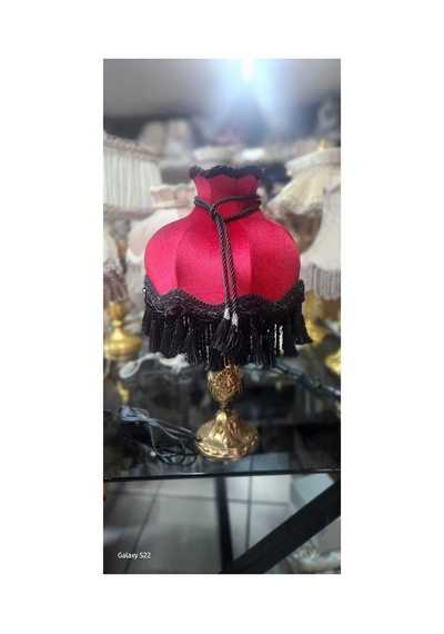 Klasik Abajur Bordo Başlık Siyah Saçak - Bronz Ayak 51cm.