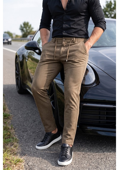 Rizzup Erkek Slim Fit Çizgili Açık Kahve Kumaş Pantolon İpli Esnek Bel Likralı Spor Pantolon 2700240
