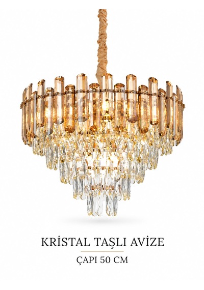 Kristal Taşlı 50 Cm Avize Açık Sarı