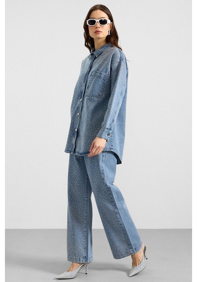 Olcay Taş Bezeli Ceket Pantolon Denim İkili Takım Açık Mavi 9387-tk