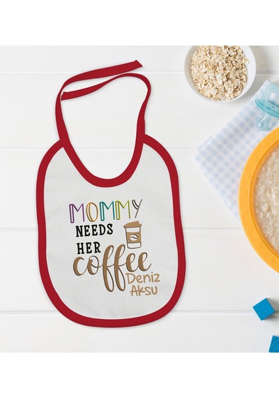 BK Kids Kişiye Özel Mommy Needs Her Coffee Tasarımlı Kırmızı Bebek Önlüğü Kırmızı