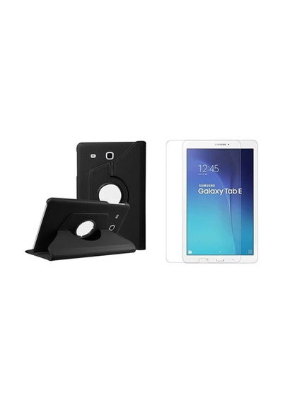 Samsung Galaxy Tab E Uyumlu T560 Dönerli Siyah 9.6" Tablet Kılıfı + Ekran Koruyucu Kapaklı Kılıf