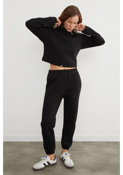Fullamoda 3 İplik Basic Beli Stoperli Jogger Eşofman Takımı Siyah