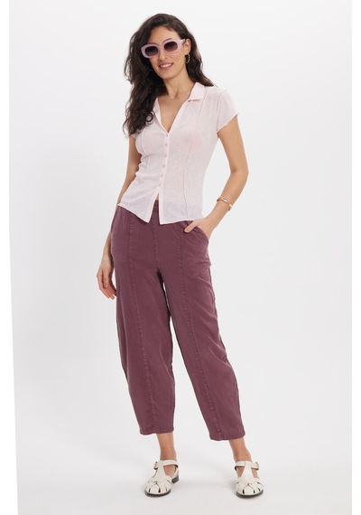 Tudors Kadın Relax Fit Rahat Kesim Beli Lastikli Yumuşak Dokulu Çift Cepli Mürdüm Pantolon-50657